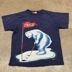 VTG Coke Coca-Cola Polar Bear T-Shirt Golf 1995 Single Stitch Navy Size Large